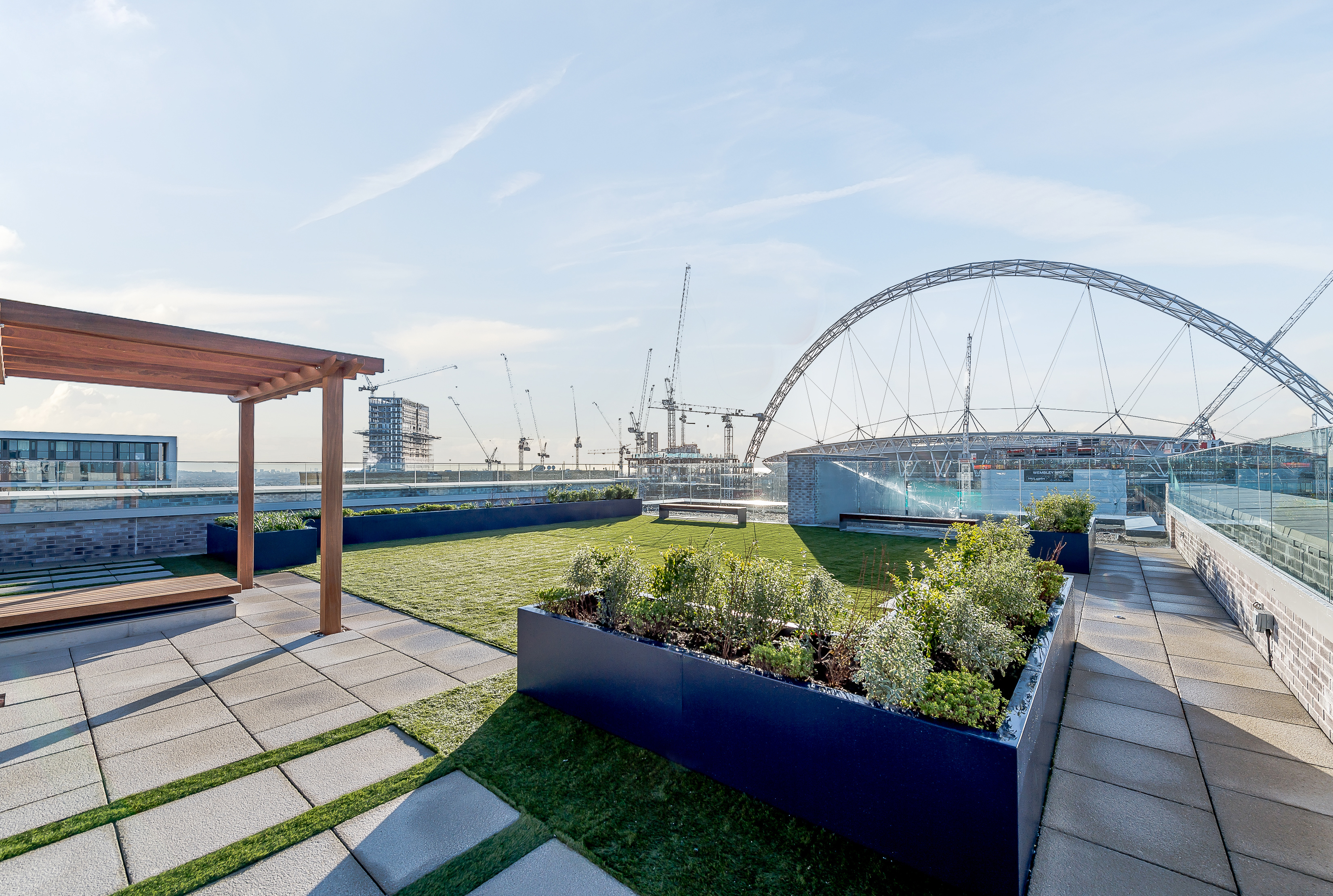 The communal roof terrace at Landsby East overlooking Wembley Stadium