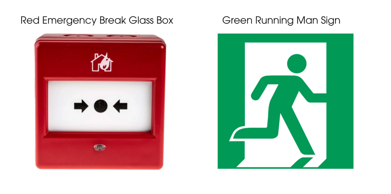 Examples images: Left, red emergency break glass box | Right, green running man sign